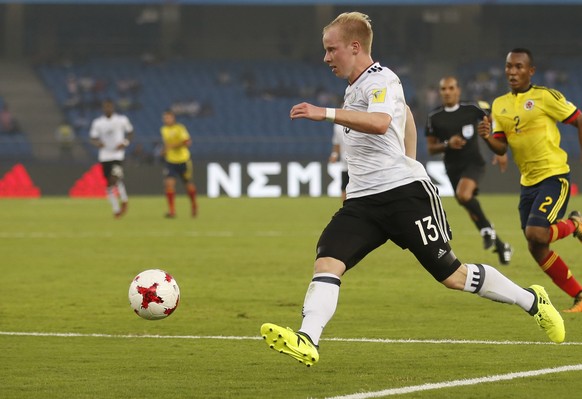 Germany&#039;s Dennis Jastrzembski controls the ball during the FIFA U-17 World Cup match against Colombia in New Delhi, India, Monday, Oct. 16, 2017. (AP Photo/Tsering Topgyal)