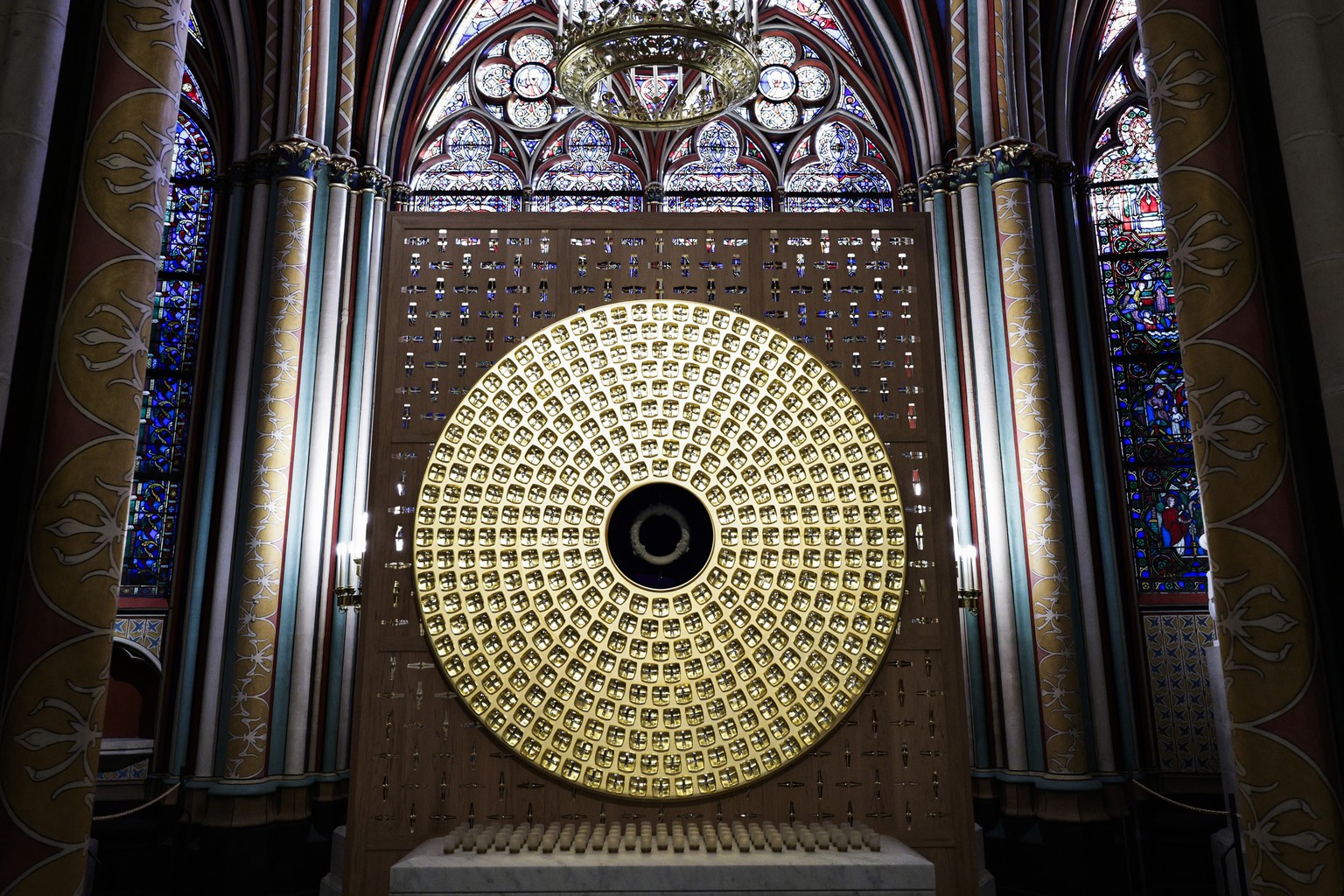 The Crown of Thorns inside the reliquary of the Crown of Thorns designed by French Artist Sylvain Dubuisson is seen in of Notre-Dame de Paris cathedral while French President Emmanuel Macron visits th ...