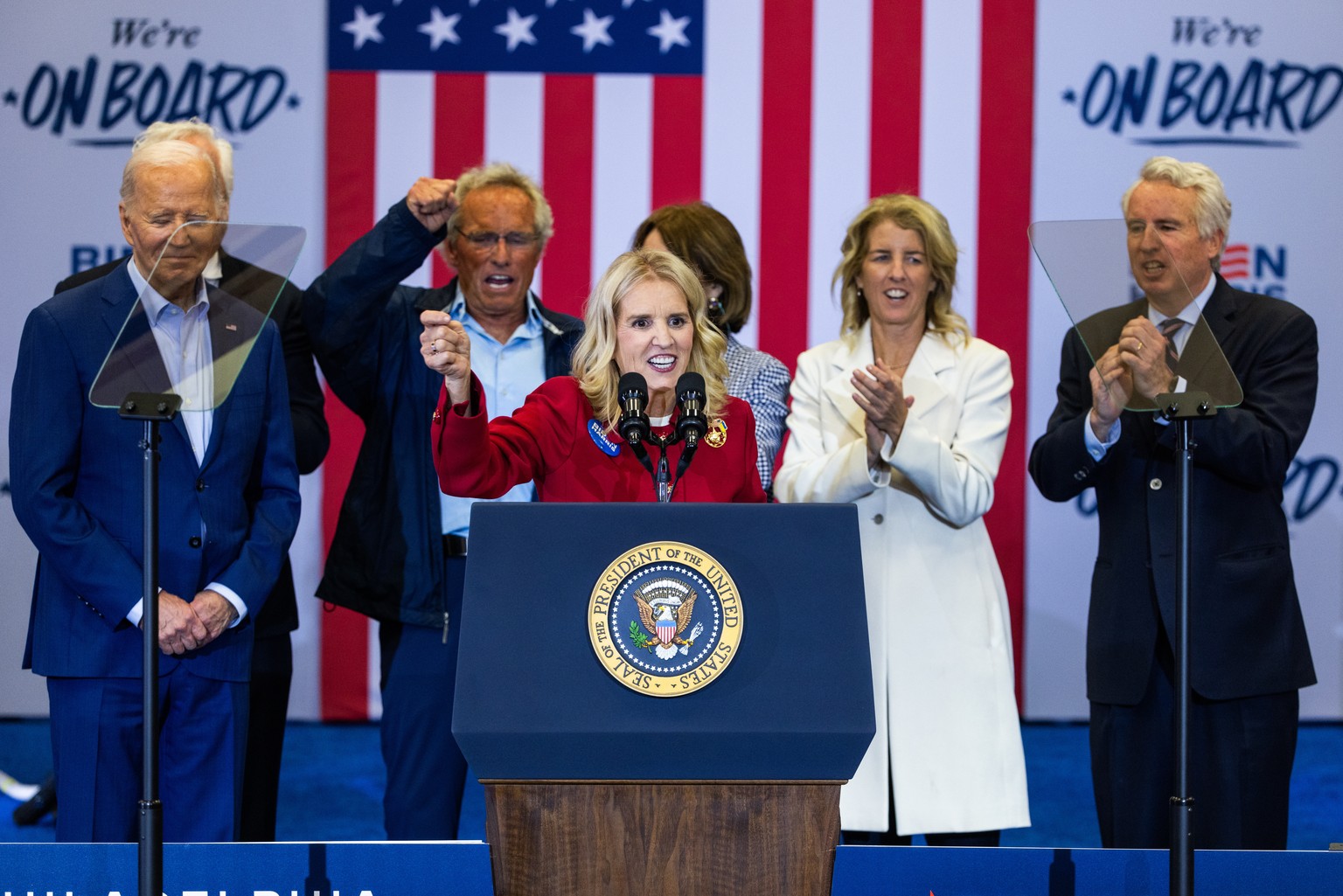 epa11287073 Kerry Kennedy (C), seventh child of Robert F. Kennedy, endorses US President Joe Biden (L), while other Kennedy family members look on at a campaign event, after the Kennedys endorsed him  ...