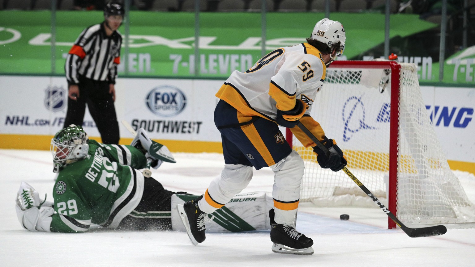 Nashville Predators defenseman Roman Josi (59) scores against Dallas Stars goaltender Jake Oettinger (29) in a shootout after sudden death overtime during an NHL hockey game on Sunday, March 7, 2021,  ...