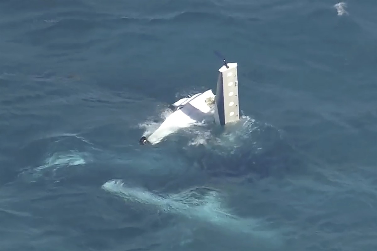 This video provided by Australian Broadcasting Corporation, Channel 7 and Channel 9, shows a fuselage in water off Rottnest Island, Australia Tuesday, Jan. 7, 2025 after a seaplane crashed. (AuBC/Chan ...