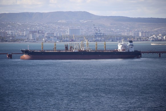 FILE - An oil tanker is moored at the Sheskharis complex, part of Chernomortransneft JSC, a subsidiary of Transneft PJSC, in Novorossiysk, Russia, on Oct. 11, 2022. Prices for Russian oil have risen w ...