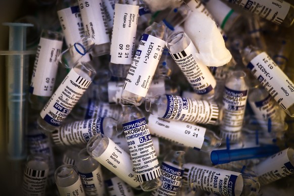 epa09137823 View of the Sputnik V, vaccine against COVID-19, in a vaccination day of seniors at the Tecnopolis Campus, in the Province of Buenos Aires, Argentina, 15 April 2021. Argentine President Al ...