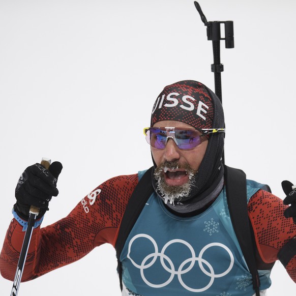 Benjamin Weger of Switzerland reacts during the men Biathlon 10 km sprint during the XXIII Winter Olympics 2018 at the Alpensia Biathlon Center in Pyeongchang, South Korea, on Sunday, February 11, 201 ...