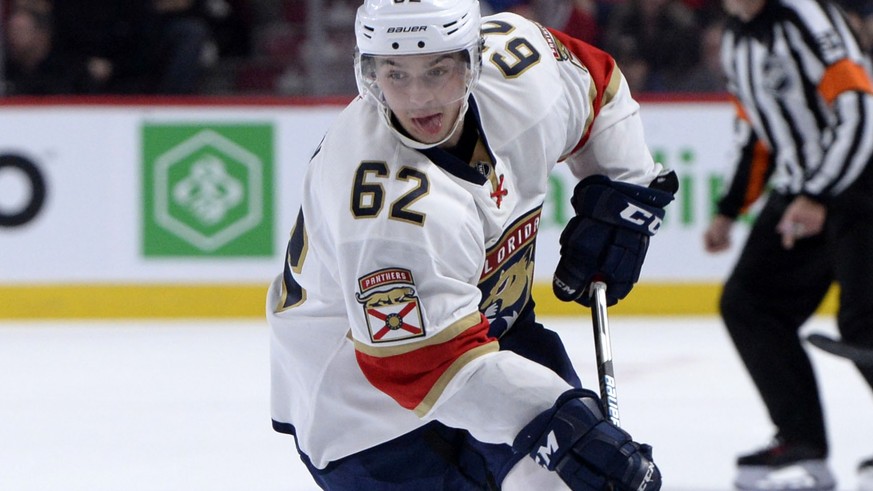 Nov 15, 2016; Montreal, Quebec, CAN; Florida Panthers forward Denis Malgin (62) plays the puck during the third period of the game against the Montreal Canadiens at the Bell Centre. Mandatory Credit:  ...