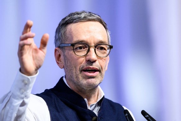 epa11942920 Leader of the right-wing Austrian Freedom Party (FPOe) Herbert Kickl speaks during the party's traditional political Ash Wednesday meeting in Ried im Innkreis, Austria, 05 March 2025. ...