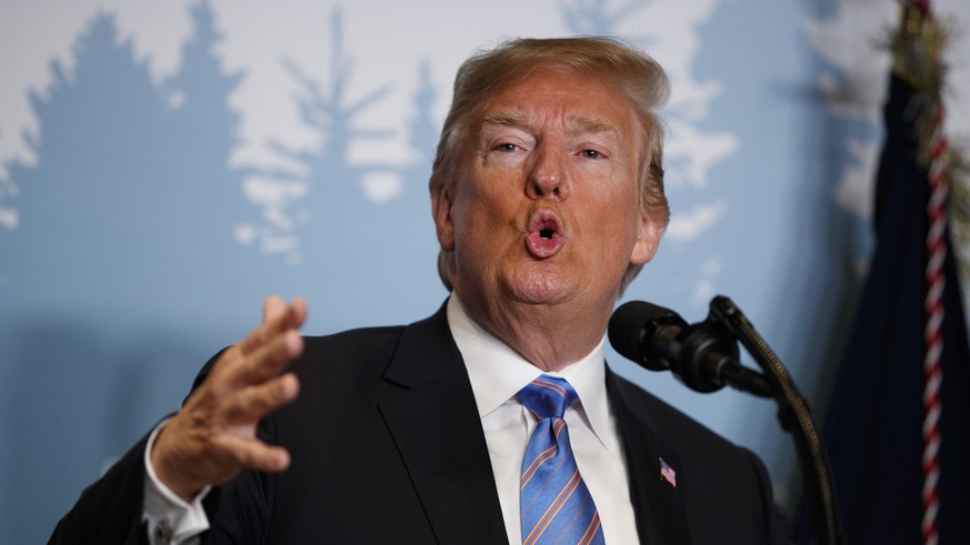 President Donald Trump speaks during a news conference at the G-7 summit, Saturday, June 9, 2018, in La Malbaie, Quebec, Canada. (AP Photo/Evan Vucci)