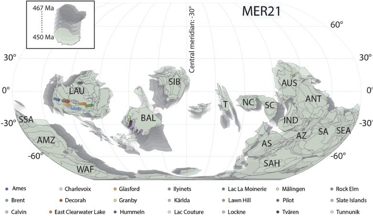 Positions of the Ordovician impact craters on the reconstructed plate positions of the MER21 model, showing the movement of continents and trace of impact sites from 467 to 450 Ma. AMZ, Amazonia; ANT, ...