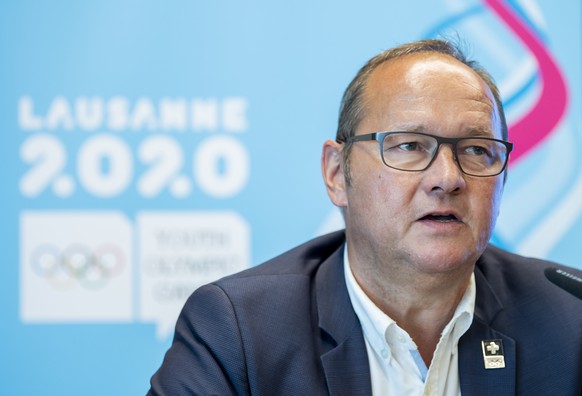 Juerg Stahl, president de Swiss Olympic, parle lors d&#039;une conference de presse bilan du comite d&#039;organisation des Jeux Olympiques de la Jeunesse Lausanne 2020 le mercredi 1 juillet 2020 a la ...