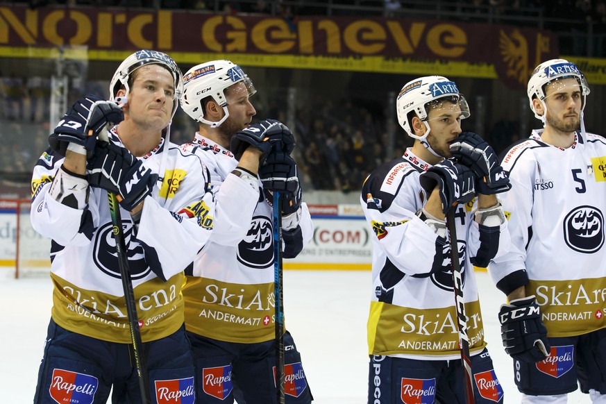 Ambri-Piotta&#039;s players Ambri-Piotta&#039;s forward Scottie Upshall, of Canada, left, forward Robert Sabolic, of Slovenia, 2nd left, forward Elia Mazzolini, 2nd right, and defender Tobias Fohrler, ...