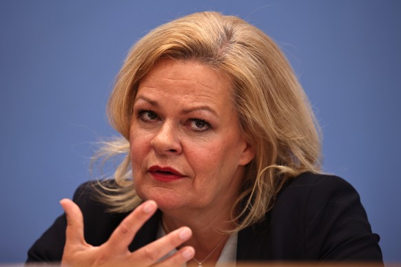 epa10954056 German Interior Minister Nancy Faeser gestures during a press conference at the House of the Federal Press Conference in Berlin, Germany, 02 November 2023. German Interior Minister Nancy F ...