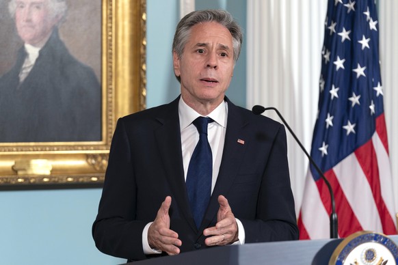 Secretary of State Antony Blinken speaks during the signing of a bilateral agreement ceremony with Argentina&#039;s Foreign Minister Diana Mondino at Department of State in Washington, Friday, May 17, ...