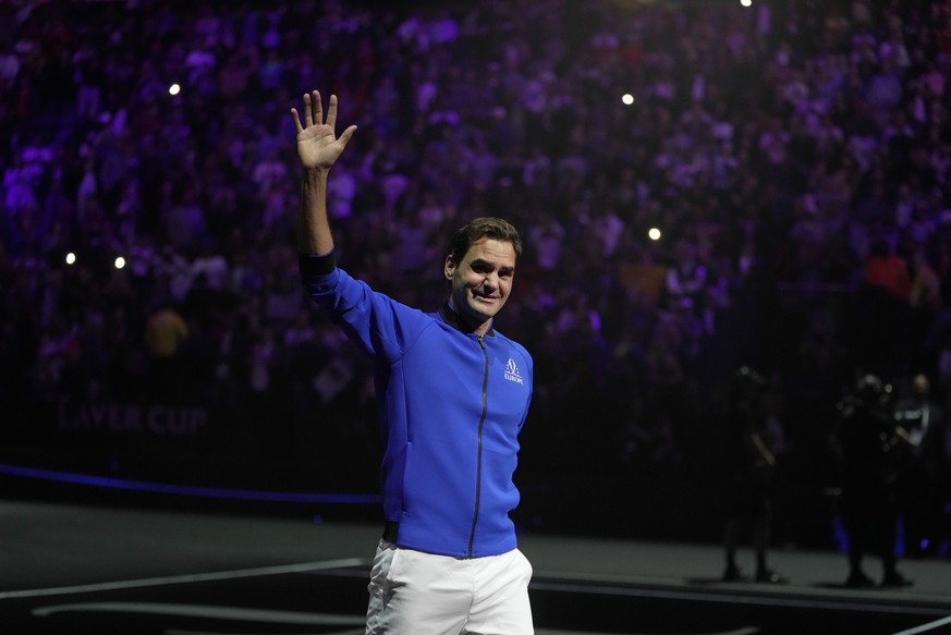 An emotional Roger Federer of Team Europe acknowledges the crowd after playing with Rafael Nadal in a Laver Cup doubles match against Team World's Jack Sock and Frances Tiafoe at the O2 arena in ...