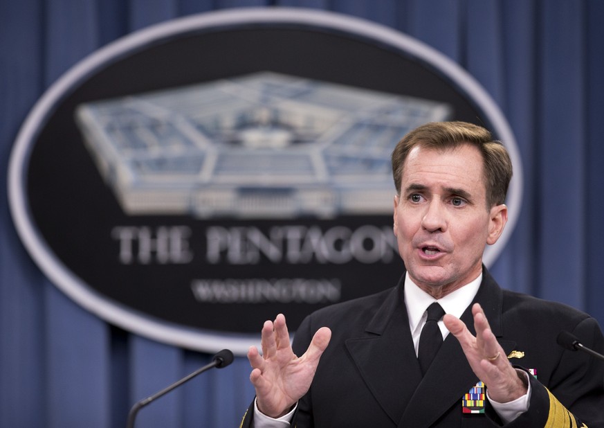 FILE- In this Nov. 7, 2014, file photo, Department of Defense Press Secretary Rear Admiral John Kirby, speaks during a news conference, at the Pentagon in Washington. State Department spokesman John K ...