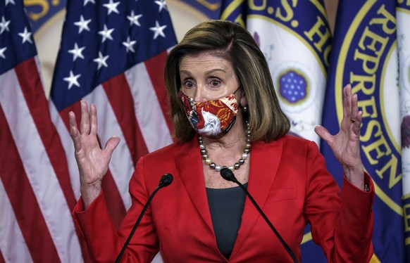 Speaker of the House Nancy Pelosi, D-Calif., talks to reporters about the impact of the election on the political landscape in Congress, at the Capitol in Washington, Friday, Nov. 6, 2020. (AP Photo/J ...