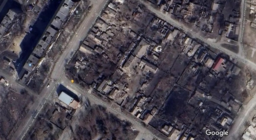 The photos show where fires raged in addition to the shelling.