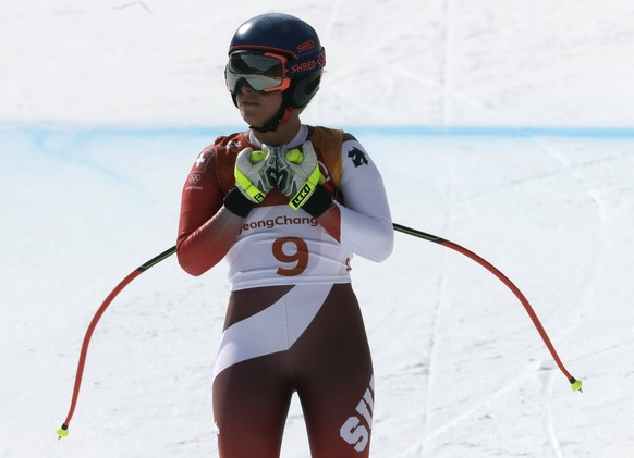 Switzerland&#039;s Lara Gut stands after competing in the women&#039;s downhill at the 2018 Winter Olympics in Jeongseon, South Korea, Wednesday, Feb. 21, 2018. (AP Photo/Michael Probst)