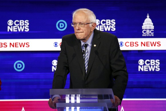 Democratic presidential candidate Sen. Bernie Sanders, I-Vt., listens during a Democratic presidential primary debate at the Gaillard Center, Tuesday, Feb. 25, 2020, in Charleston, S.C., co-hosted by  ...