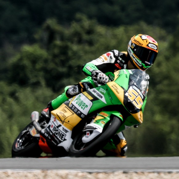 KEYPIX - epa12247232 Swiss Moto 3 rider Noah Dettwiler of CIP Green Power in action during the Qualifying Nr.2 session for the Motorcycling Grand Prix of the Czech Republic at Masaryk circuit in Brno, ...