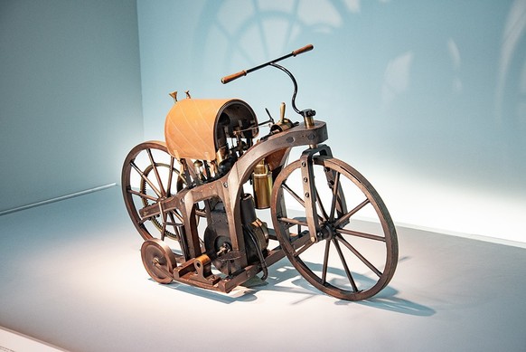 Stuttgart, Germany - April 13, 2019: Daimler Riding Car replica. For Gottlieb Daimler and Wilhelm Maybach the riding car was an early test vehicle for their small high-speed internal combustion engine