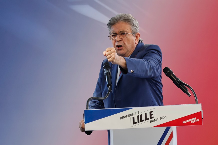 French far-left leader Jean-Luc Melenchon, candidate at the presidential election gives a speech during the annual Braderie in Lille, northern France, Saturday, Sept. 5, 2026. (AP Photo/Jean-Francois  ...