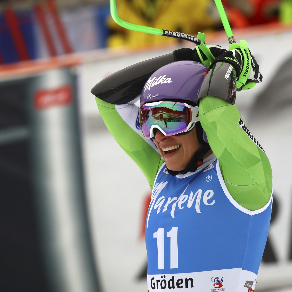 Slovenia's Ilka Stuhec celebrates as she crosses the finish line of an alpine ski, women's World Cup Super-G, in Val Gardena, Italy, Wednesday, Dec. 19, 2018. (AP Photo/Alessandro Trovati)