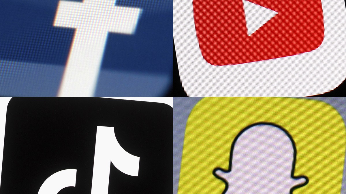 FILE - This combination of 2017-2022 photos shows the logos of Facebook, YouTube, TikTok and Snapchat on mobile devices. Ohio's governor wants the state to require parental consent for kids under ...