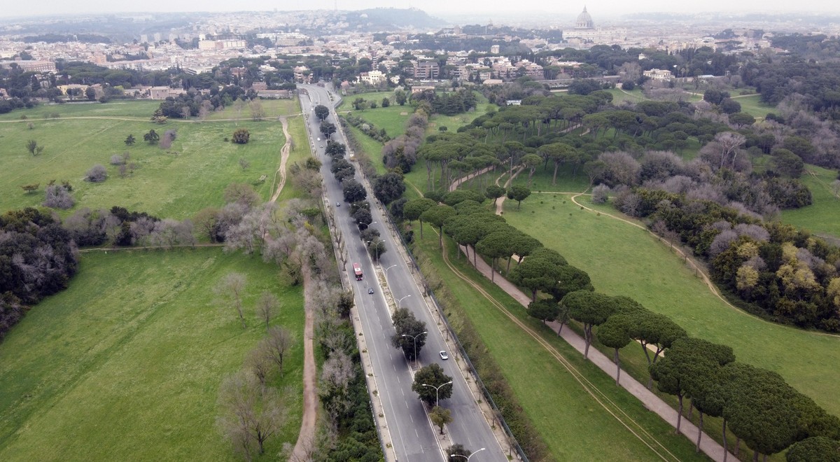 An aerial view of the Villa Doria Pamphili park, one of the biggest green area of Rome, Saturday, March 14, 2020 as a sweeping lockdown is in place in Italy to try to slow down the spread of coronavir ...