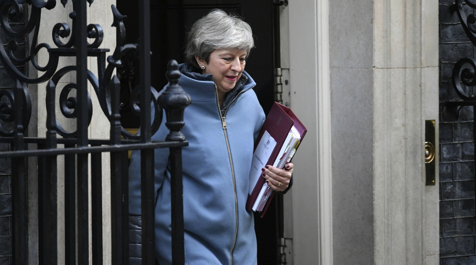 British Prime Minister Theresa May leaves 10 Downing Street, London, for the House of Commons to face Prime Minister&#039;s Questions, in London Wednesday, Feb. 20, 2019. Britain’s foreign secretary s ...