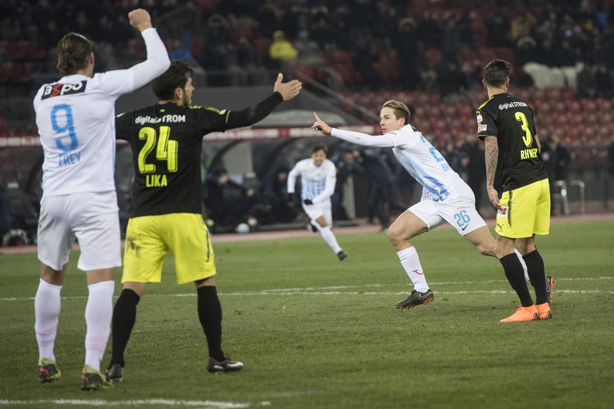 Zuerichs Cedric Brunner jubelt nach seinem 2:1 Tor im SchweizerCup Halbfinal Fussballspiel zwischen dem FC Zuerich und dem Grasshopper Club Zuerich im Letzigrund, aufgenommen am Mittwoch, 28. Februar  ...