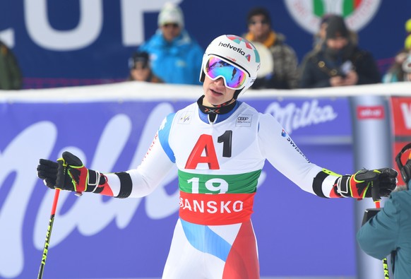 epa07392306 Marco Odermatt of Switzerland reacts in the finish area during the second run of the Men&#039;s Giant Slalom at the FIS Alpine Skiing World Cup in Bansko, Bulgaria 24 February 2019. EPA/GE ...