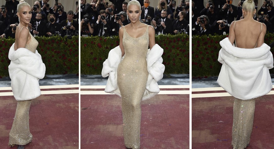 In this combination photo, Kim Kardashian attends The Metropolitan Museum of Art&#039;s Costume Institute benefit gala celebrating the opening of the &quot;In America: An Anthology of Fashion&quot; ex ...