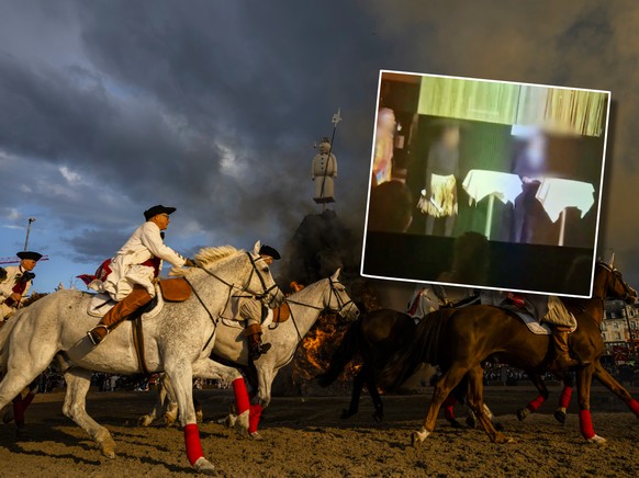 The &quot;Boeoegg&quot; burns on the Sechselaeuten square in Zurich, Switzerland, on Monday April 17, 2023. The Sechselaeuten (ringing of the six o&#039;clock bells) is a traditional end of winter fes ...