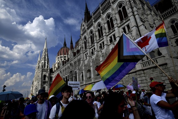 FILE - Members and supporters of Hungary&#039;s LGBTQ community march through Budapest, on Saturday, July 23, 2022. (AP Photo/Anna Szilagyi, File)
Hungary Pride