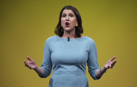 Liberal Democrat leader Jo Swinson makes a speech during the Liberal Democrats autumn conference at the Bournemouth International Centre in Bournemouth, England, Tuesday, Sept. 17, 2019. (Jonathan Bra ...