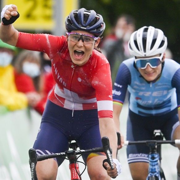 Elise Chabbey from Switzerland of Canyon Sram Racing, left, takes the win in front of Elizabeth Deignan from Great Britain of Trek-Segafredo, during the first stage, a 114 km race with start and finis ...