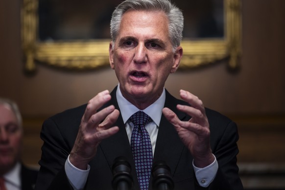 epaselect epa10666136 Republican Speaker of the House Kevin McCarthy speaks to the media after the House passed The Fiscal Responsibility Act in the US Capitol in Washington, DC, USA, 31 May 2023. The ...