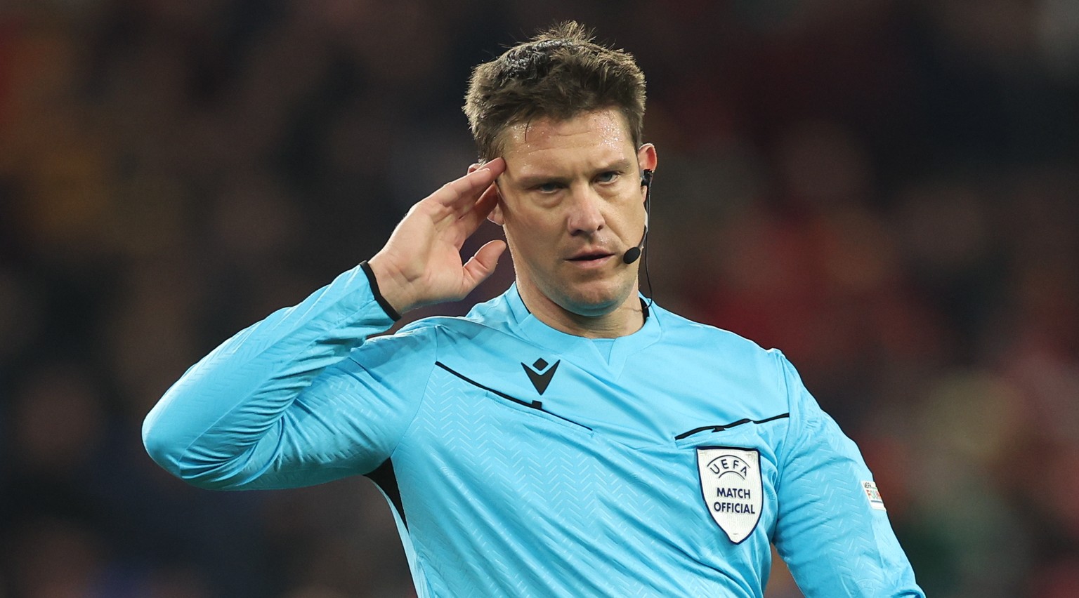 epa10988599 Referee Matej Jug during the UEFA EURO 2024 Group D qualification match between Wales and Turkey in Cardiff, Britain, 21 November 2023. EPA/ADAM VAUGHAN