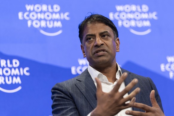 epa11844032 Chief Executive Officer of Novartis Vasant &#039;Vas&#039; Narasimhan speaks during a panel session at the 55th annual meeting of the World Economic Forum (WEF) in Davos, Switzerland, 22 J ...
