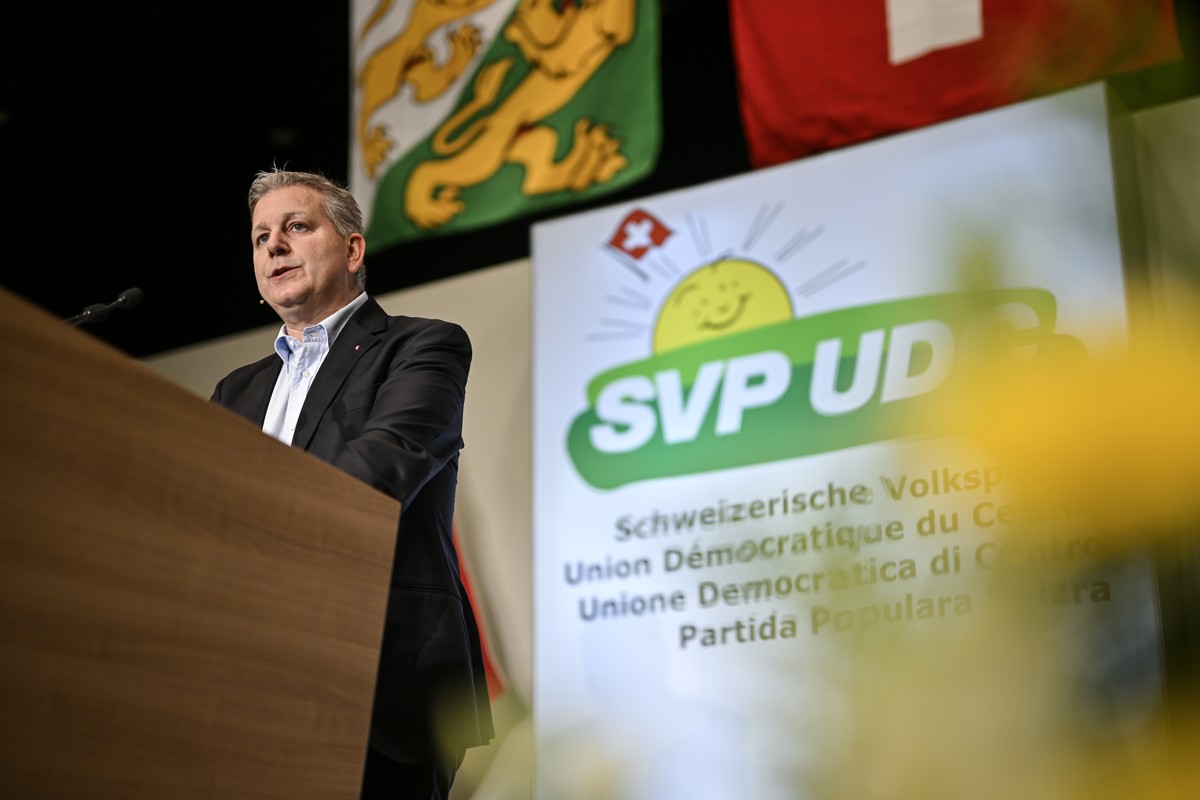 Parteipraesident Marco Chiesa (TI) an der Delegiertenversammlung der SVP Schweiz, am Samstag, 11. November 2023, in Alterswilen. (KEYSTONE/Gian Ehrenzeller)