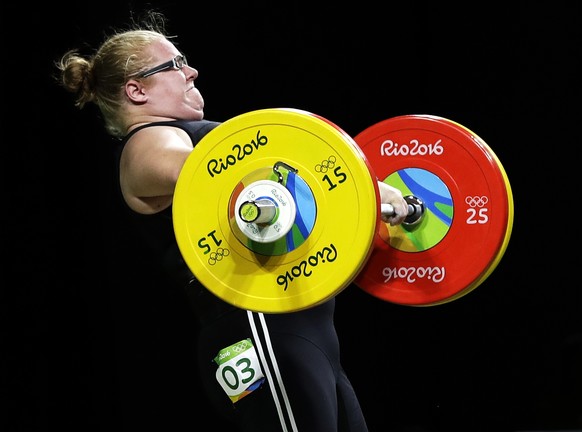 Tracey Lambrechs, of New Zealand, competes in the women&#039;s 75kg weightlifting competition at the 2016 Summer Olympics in Rio de Janeiro, Brazil, Sunday, Aug. 14, 2016. (AP Photo/Mike Groll)