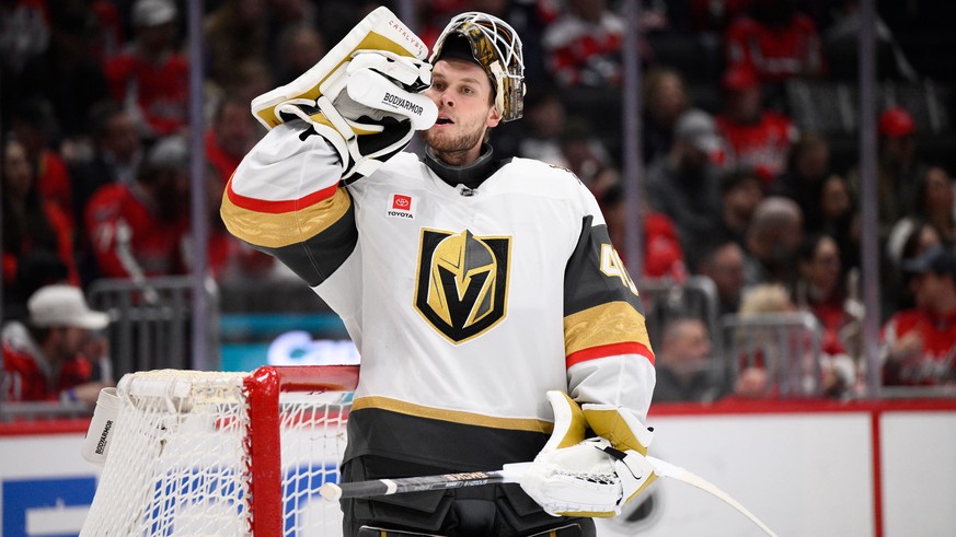 Vegas Golden Knights goaltender Akira Schmid takes a drink during the first period of an NHL hockey game against the Washington Capitals, Friday, Feb. 27, 2026, in Washington. (AP Photo/Nick Wass)
Gol ...