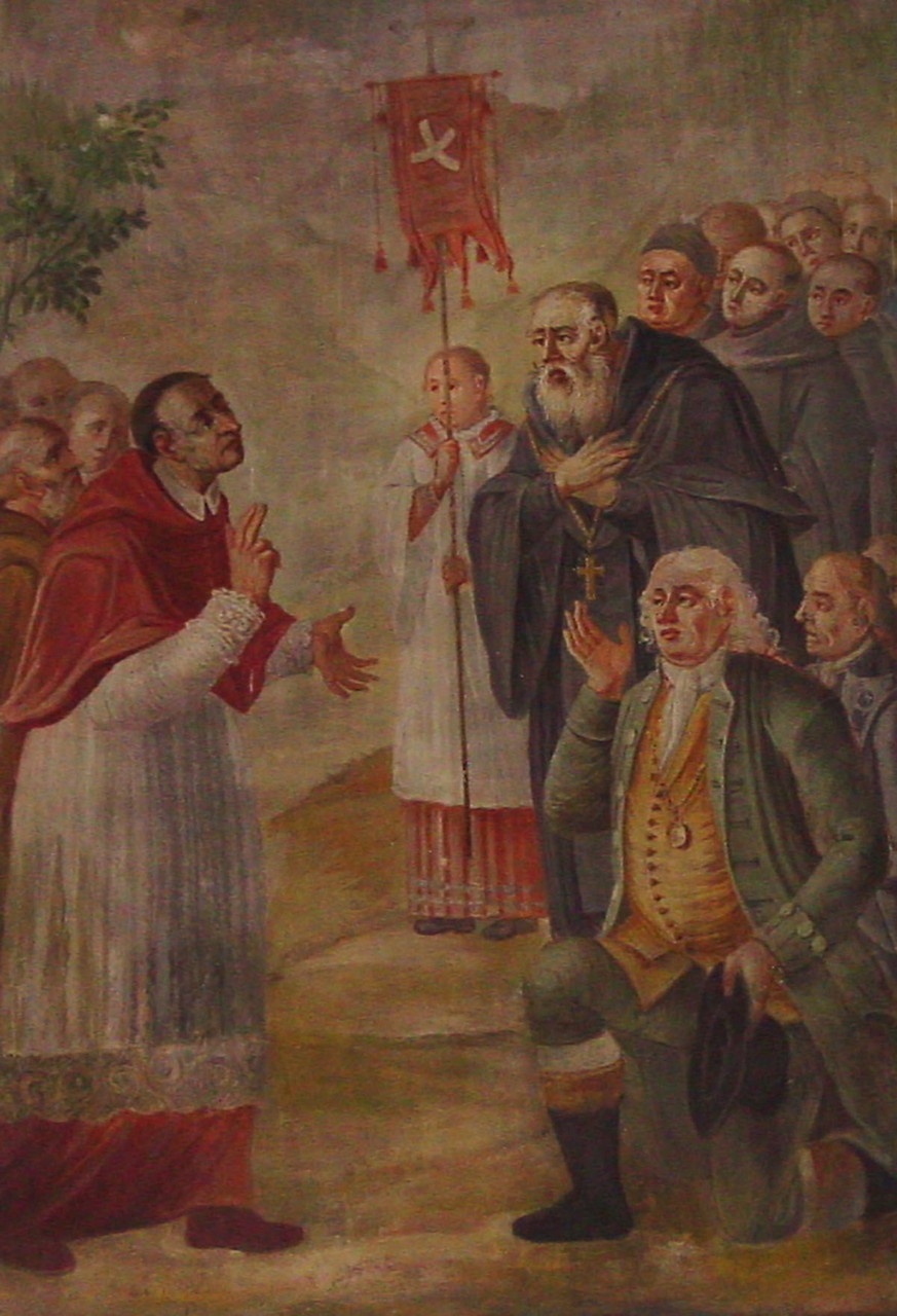 Fürstabt Christian von Castelberg (mit Brustkreuz) empfängt 1581 den Mailänder Kardinal und Gegenreformator Karl Borromäus (links) in Disentis.