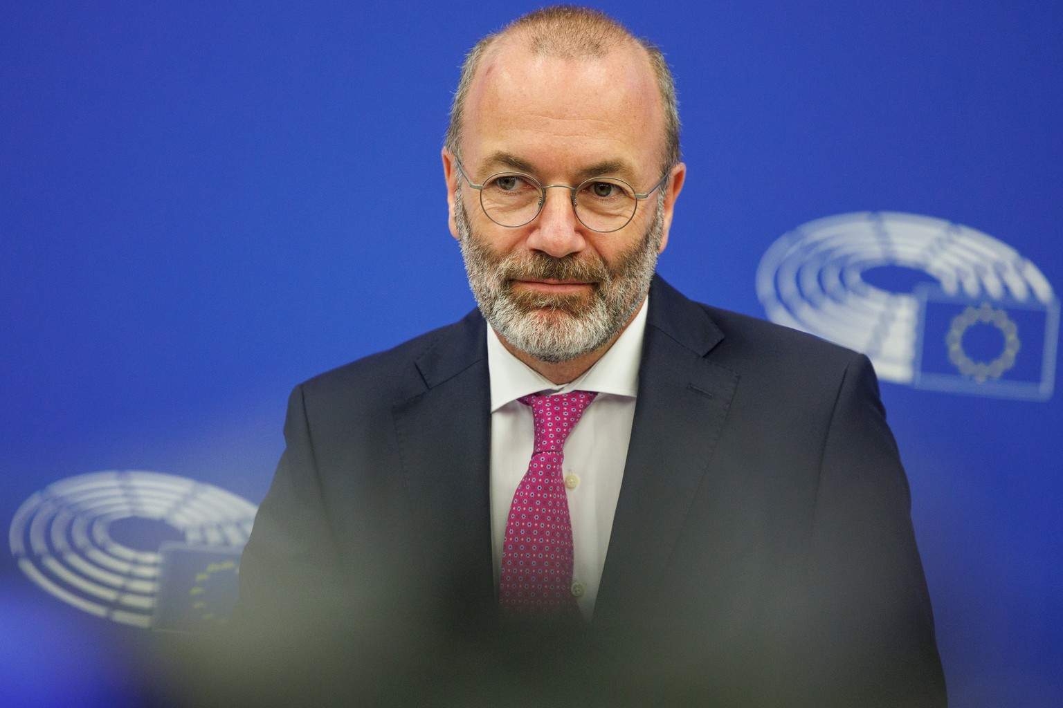 epa13093831 European People's Party (EPP) President Manfred Weber briefs the press during the European Parliament session in Strasbourg, France, 07 July 2026. EPA/OLIVIER MATTHYS