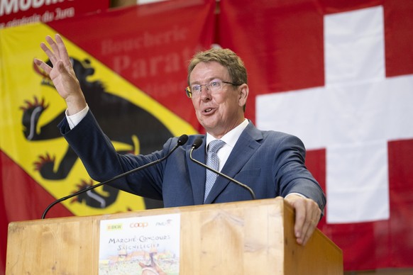 Le conseiller federal Albert Roesti prend la parole lors de son allocution lors du 121e Marche-Concours national de chevaux, dimanche 9 aout 2026, a Saignelegier. Le Marche-Concours national de chevau ...
