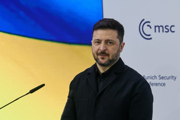 epa12737626 Ukraine President Volodymyr Zelensky speaks during the 62nd Munich Security Conference (MSC) at the hotel 'Bayerischer Hof', in Munich, Germany, 14 February 2026. The 62nd Munich ...