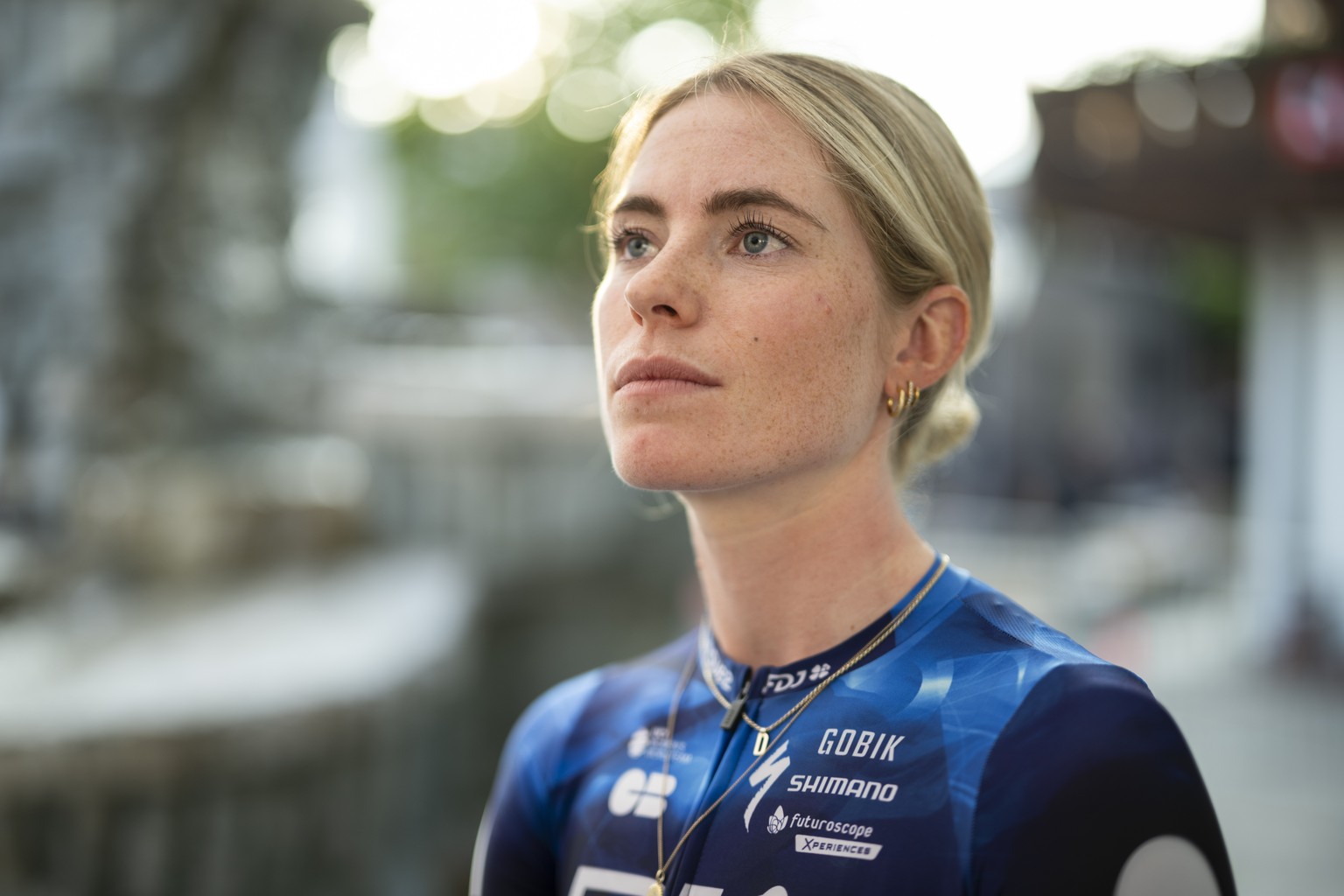 Demi Vollering from the Netherlands of FDJ-Suez pictured during riders presentation prior the Tour de Suisse UCI WorldTour cycling women&#039;s race, on Thursday, June 12, 2025, in Gstaad, Switzerland ...