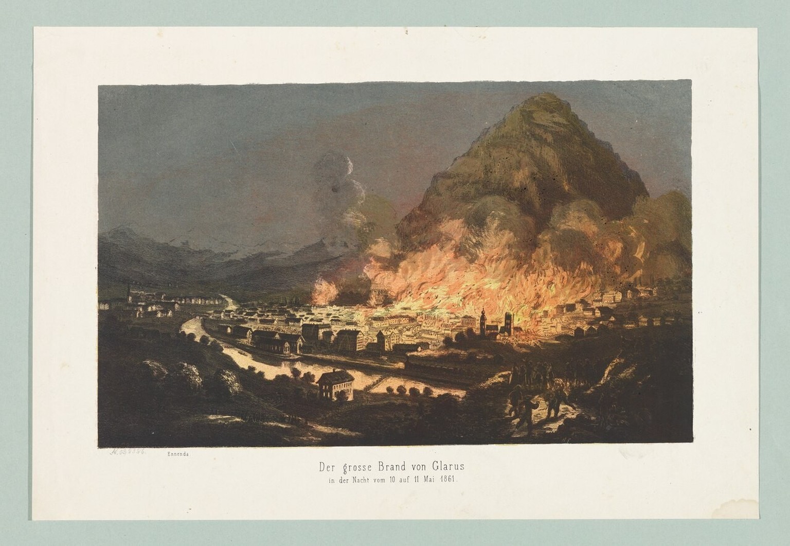 Der grosse Brand von Glarus in der Nacht vom 10. auf 11. Mai 1861. Darstellung der Gesamt­ansicht von Nordosten (Chromo­lithografie um 1870).
https://de.wikipedia.org/wiki/Brand_von_Glarus#/media/Date ...