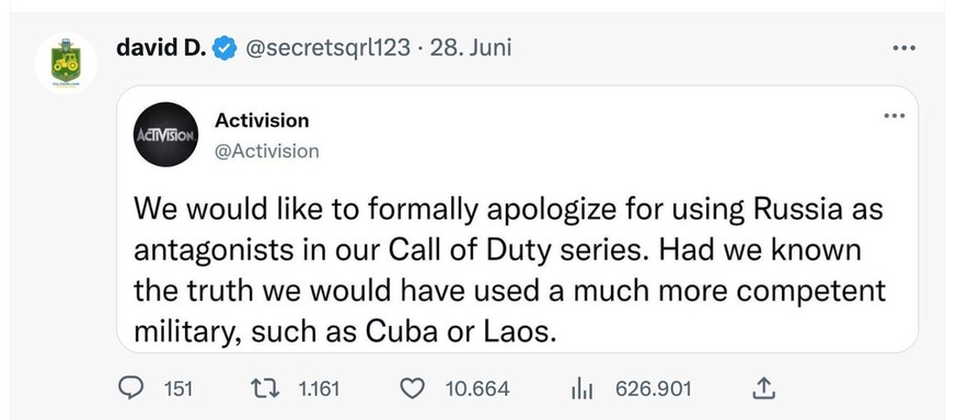 Die Game-Entwicklerfirma Activision entschuldigt sich, dass sie im Kultspiel «Call of Duty» keinen fähigeren Gegner (als Russland) genommen hat, «wie Kuba oder Laos».