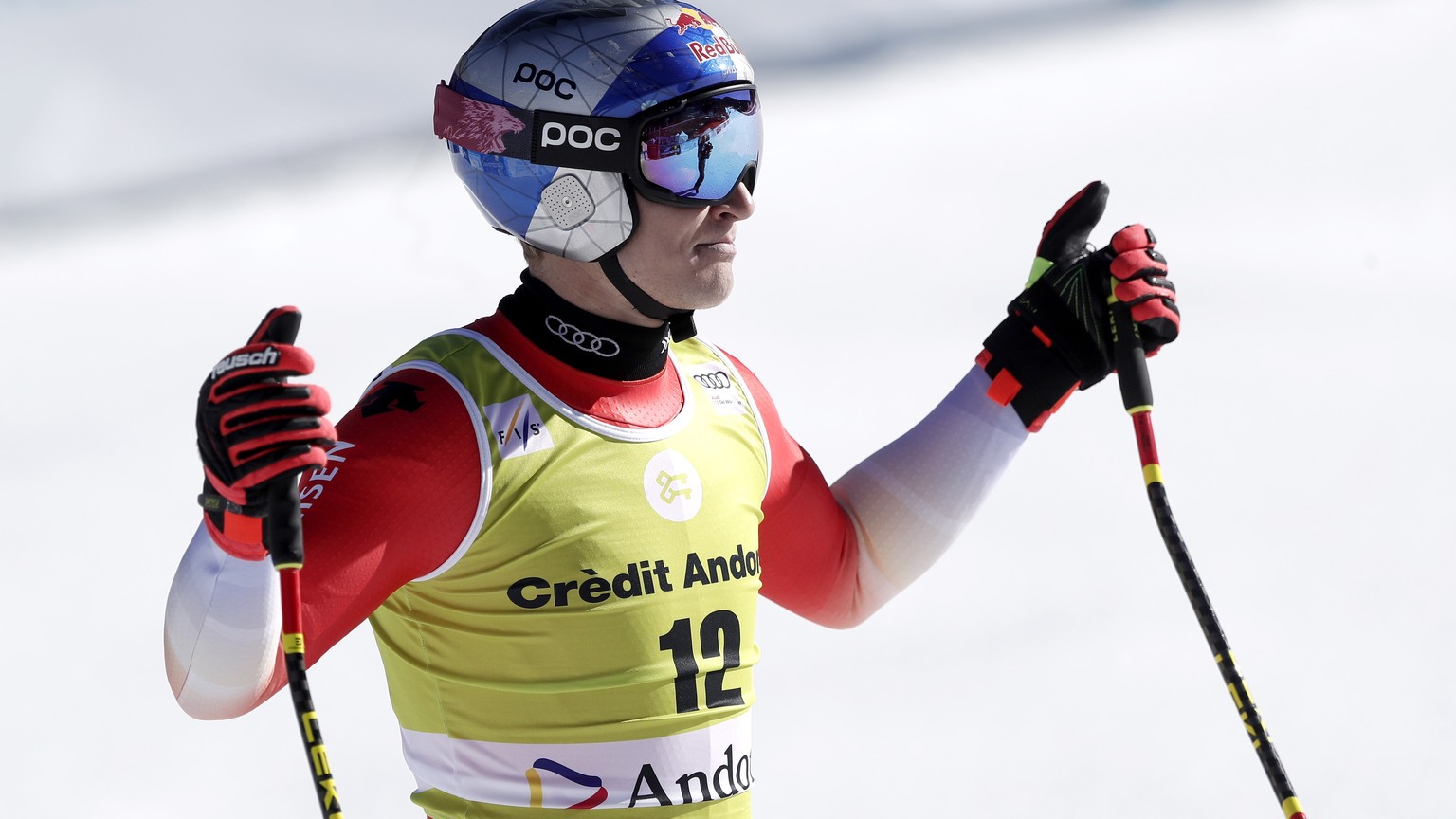 epa10523687 Marco Odermatt of Switzerland reacts in the finish area after his run in the Men&#039;s Downhill race at the FIS Alpine Skiing World Cup finals in the skiing resort of El Tarter, Andorra,  ...